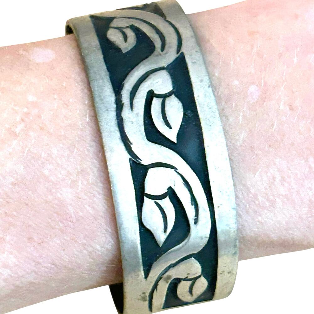 Vintage Pewter Cuff Black Background Leaves and Vines Design Cuff Bracelet
